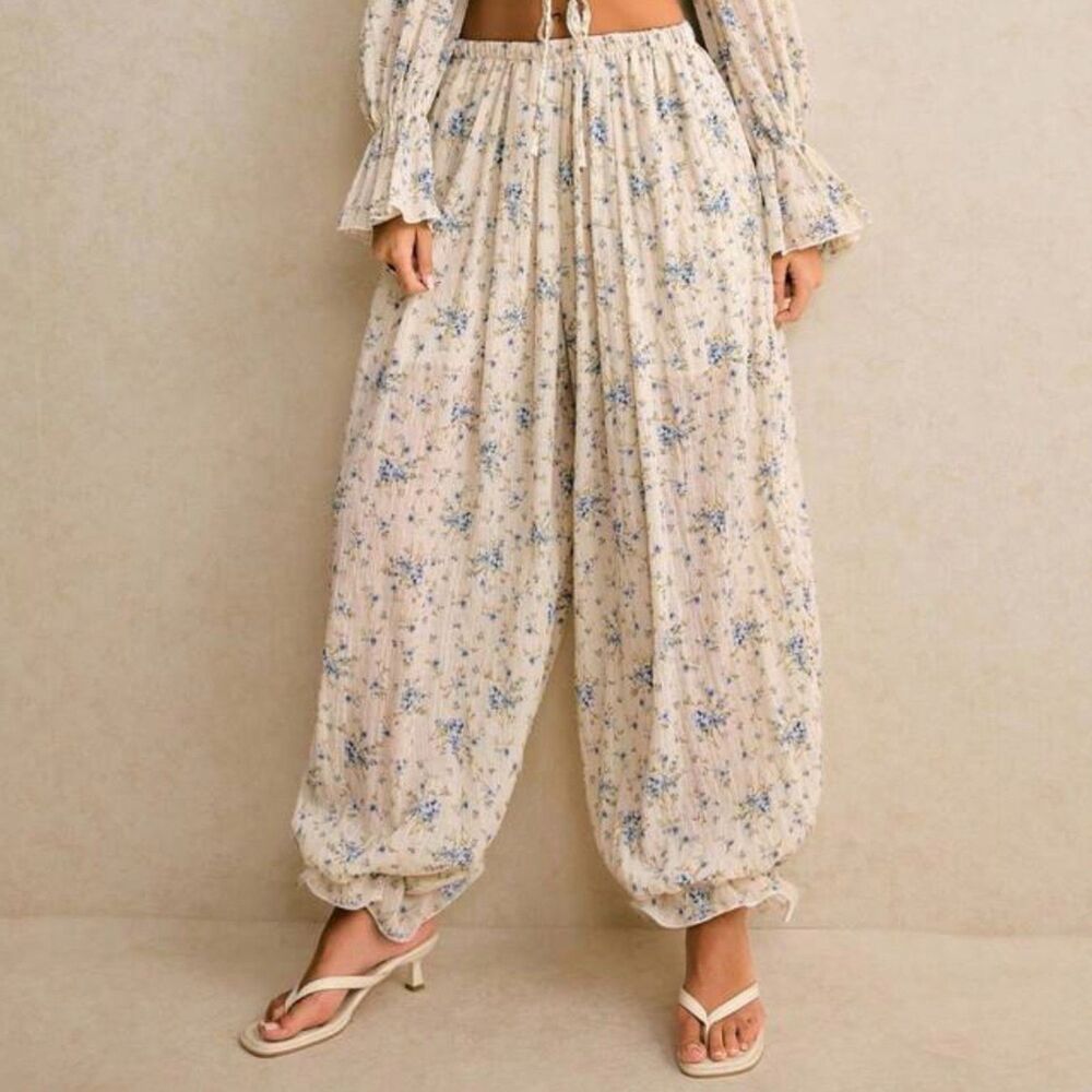 Floral Balloon Pants Elastic Waist Boho Cottagecore Cream Blue XS